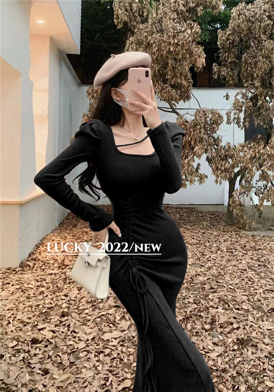 【LUCKY】Korean style drawstring puff sleeve slim dress 9681# ZXX