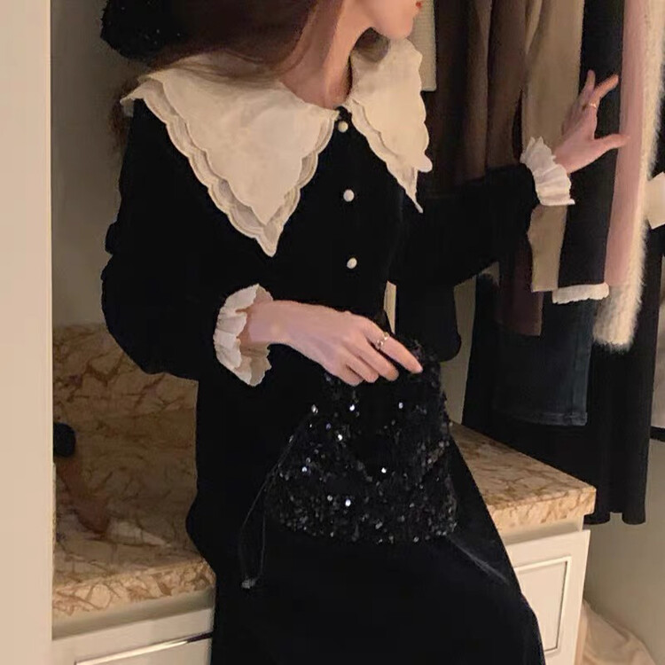 [U grain] French retro doll collar velvet dress 1123