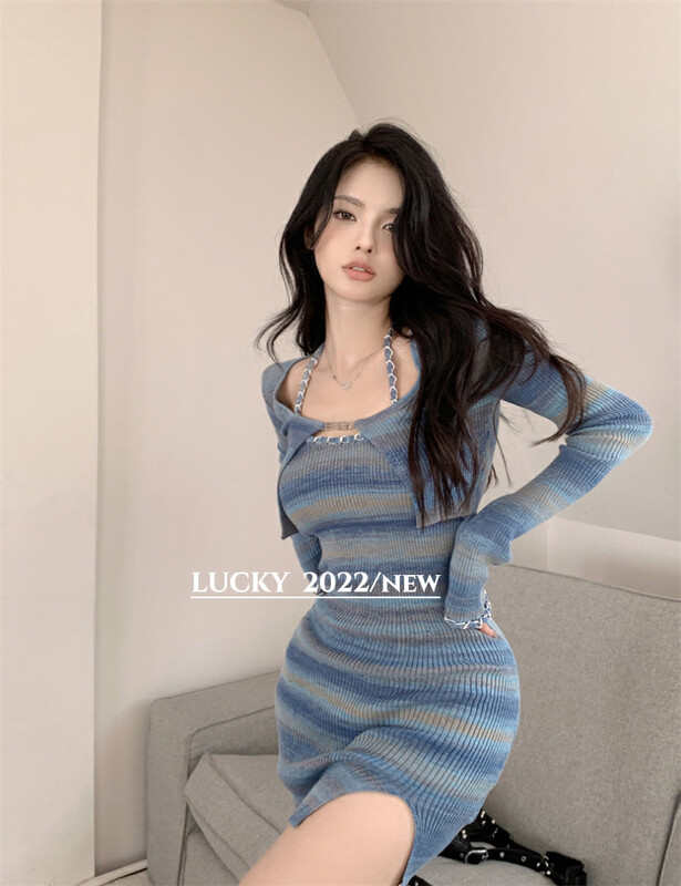 【LUCKY】Skinny and sexy dress with split halter neck stripes (only skirts are sold) 9634# ZXX