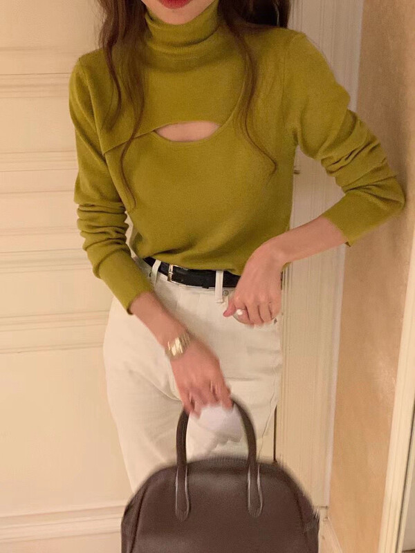 [LOVELY/SHMILY] Design sense pile collar hollow all-match knitted inner bottoming pullover sweater sweater M0859