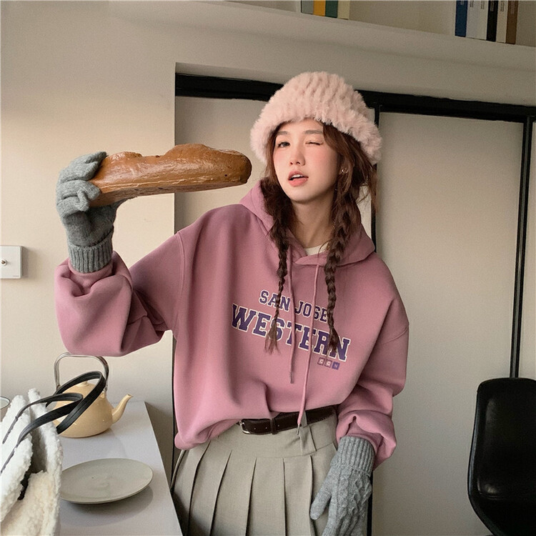 [Timely rain] Korean style ins loose design letter pullover plus velvet hooded sweater Q4275# WPL
