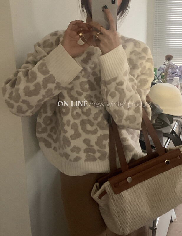 [ON LINE] 100% wool thick warm round neck pullover leopard print sweater containing 100 wool 516
