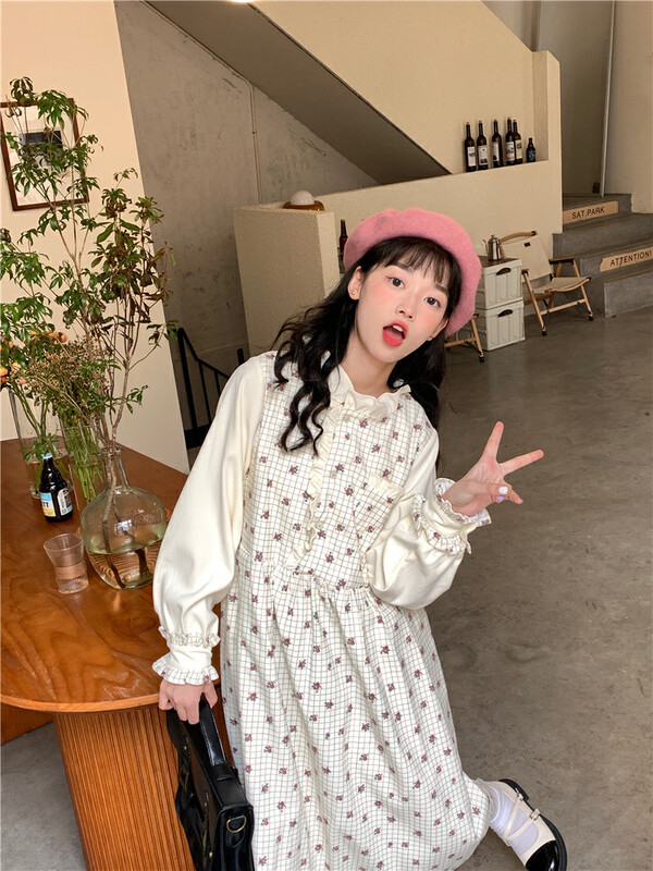 [Timely rain] Korean style ins retro sweet plaid stitching fake two-piece dress 07589# WPL
