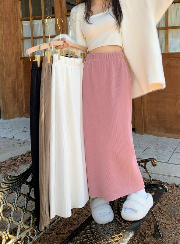 [Timely rain] Korean style ins plus velvet thick chenille medium suede high waist elastic skirt 49491# WPL