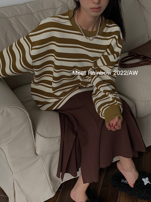 Original price 98.99! New for autumn! [MEET RAINBOW] Contrast stripe pattern loose round neck sweater 28789# LSL