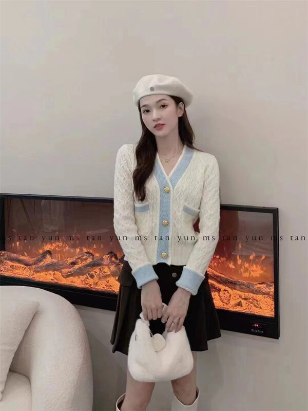 【LINNA】V-neck colorblock single-breasted knitted cardigan (without brooch) 82934# JJ