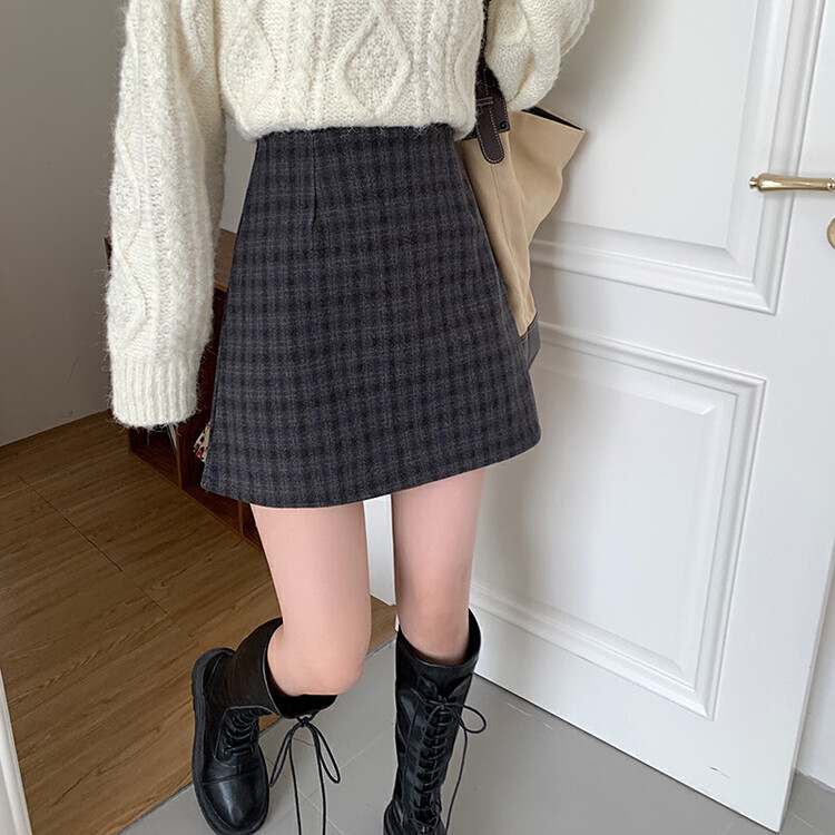[Timely rain] Korean style ins retro contrast color plaid wool skirt W11176# WPL