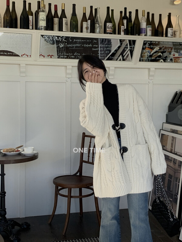 【ONE TIME】V Neck Loose Horn Buckle Wool Jacket OT7573# JHY