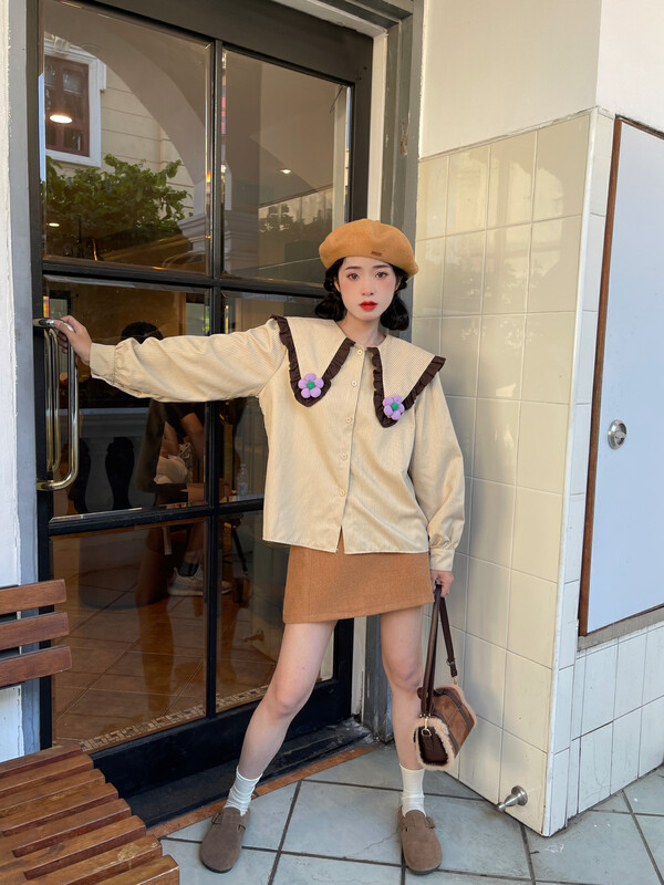 [Timely rain] Korean style ins retro design big lapel contrast color striped shirt Y2997# WPL