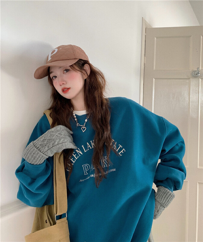 [Timely rain] Korean style ins loose embroidered letter pullover fleece sweater 69659# WPL