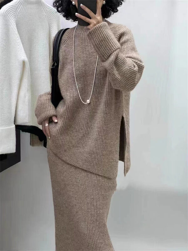 [Semi-plain] stand-up collar solid color sweater + temperament package hip knitted skirt suit C8963# ZJY
