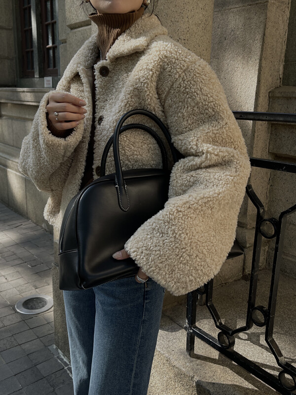 【ON LINE】Korean standard plush velvet Korean version lapel single-breasted fur all-in-one short coat 7255
