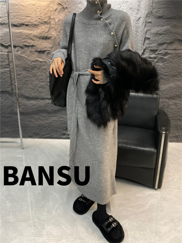 [Semi-plain] high-necked button-down long sweater dress (with belt) 8952# ZJY