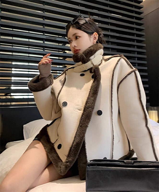 [Ouzhengsha] Faux fur all-in-one motorcycle suit winter temperament is thin and warm cotton jacket 19551# JJ
