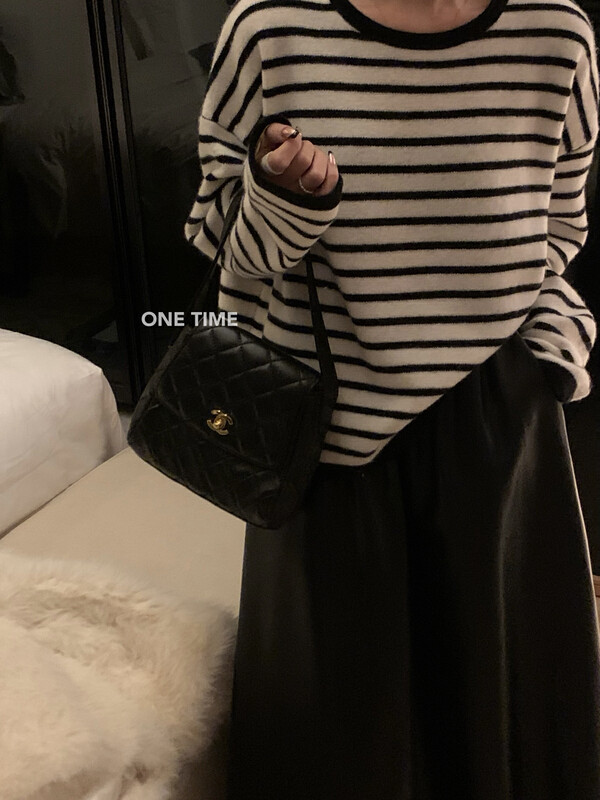 【ONE TIME】Casual round neck striped warm sweater (100% wool) OT7705# JHY