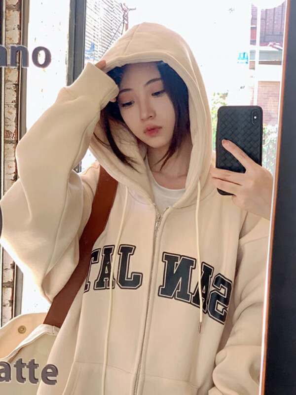 Original price 66.55! [Ou Zhengsha] Lazy wind hooded zipper fleece sweater 19201# JJ