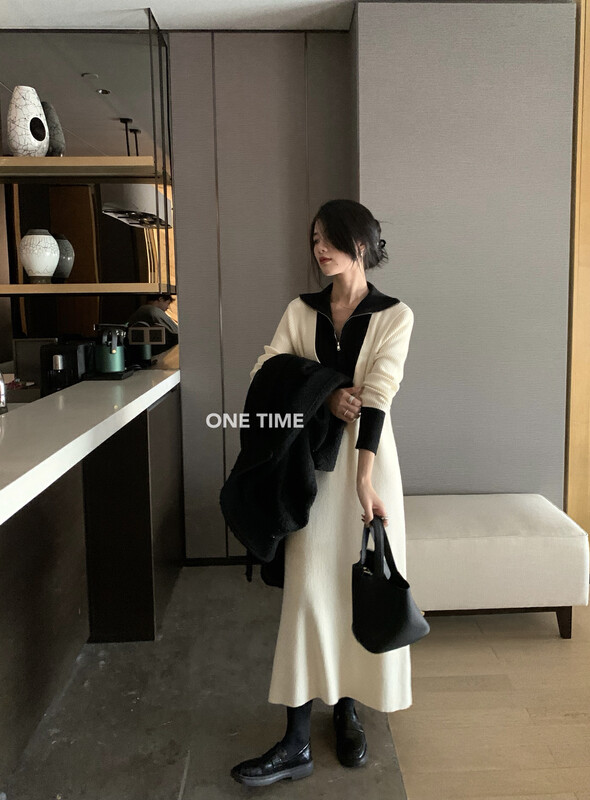 【ONE TIME】Blend Contrast Loose Dress XW5559# JHY
