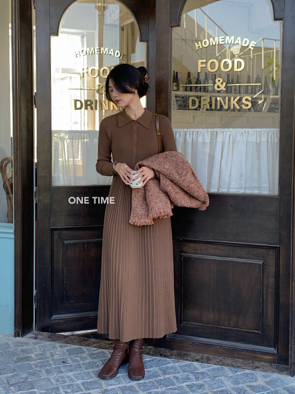 【ONE TIME】Korean Simple Polo Collar Pleated Dress kX1118# JHY