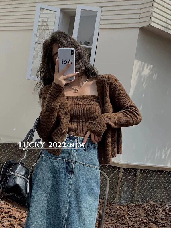 【LUCKY】Korean style camisole + solid color knitted cardigan suit 9649# ZXX