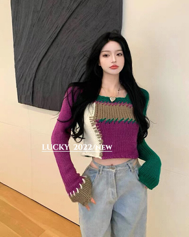 【LUCKY】Design color stitching square neck shirt 9713# ZXX