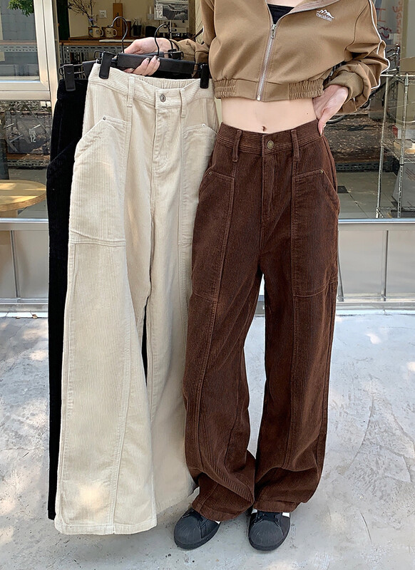[Timely rain] Korean style ins American retro corduroy design tooling loose high waist straight wide leg casual pants Y1719# WPL