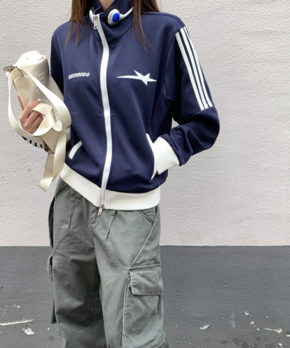 Real shot  autumn and winter new star design sense contrast double zipper short jacket cardigan women's jacket sports style