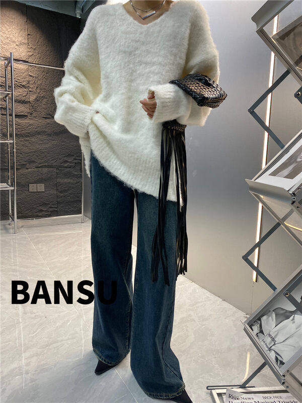 [Semi-plain] V-neck solid color lazy warm sweater 8955# ZJY