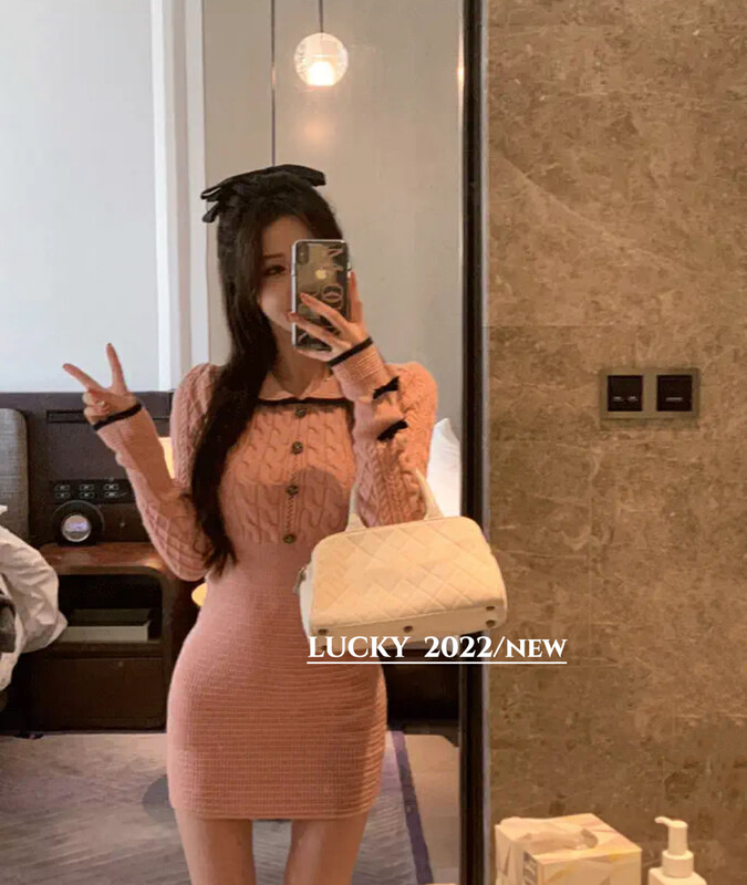 【LUCKY】 Contrast color knitted hip skirt pure desire dress 9716# ZXX