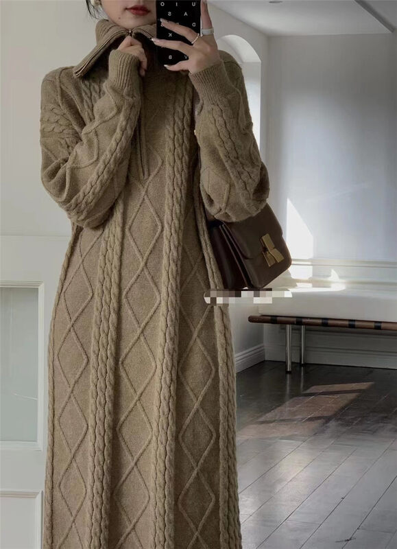 [Semi-plain] stand-up collar twist long sweater dress C8966# ZJY