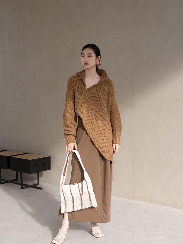 【WHITE】Korean style zipper irregular sweater S-76962# GY