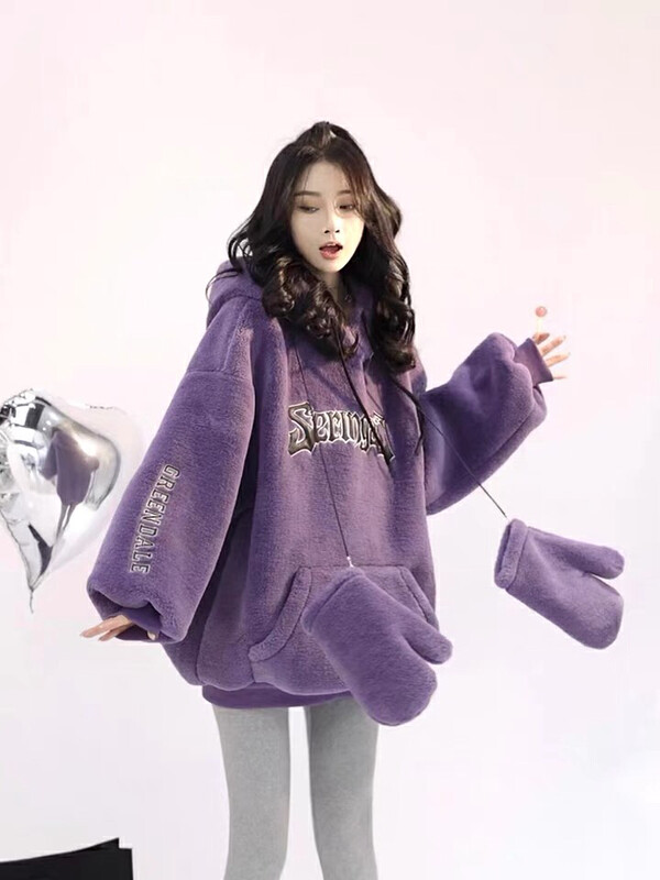 [Ouzhengsha] Thickened letter hooded fleece sweater (with gloves) 19603# JJ