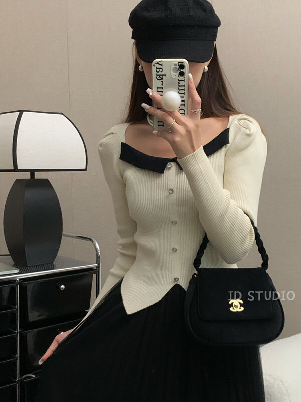 【I-D】Korean Style Square Neck Comfortable Versatile Knit Sweater 3299# L