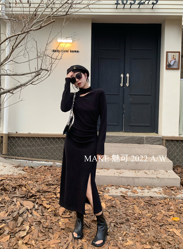 【MAKE Charm】Temperament woman stand-up collar drop side slit pleated dress 8963# OZQ