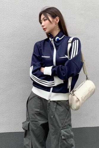 Real shot  autumn and winter new star design sense contrast double zipper short jacket cardigan women's jacket sports style