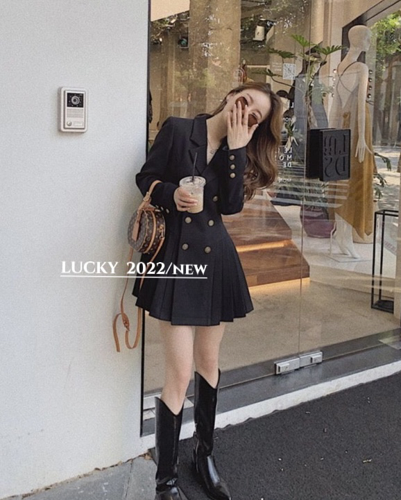 【LUCKY】Lapel double-breasted pleated slim suit dress 9650# ZXX