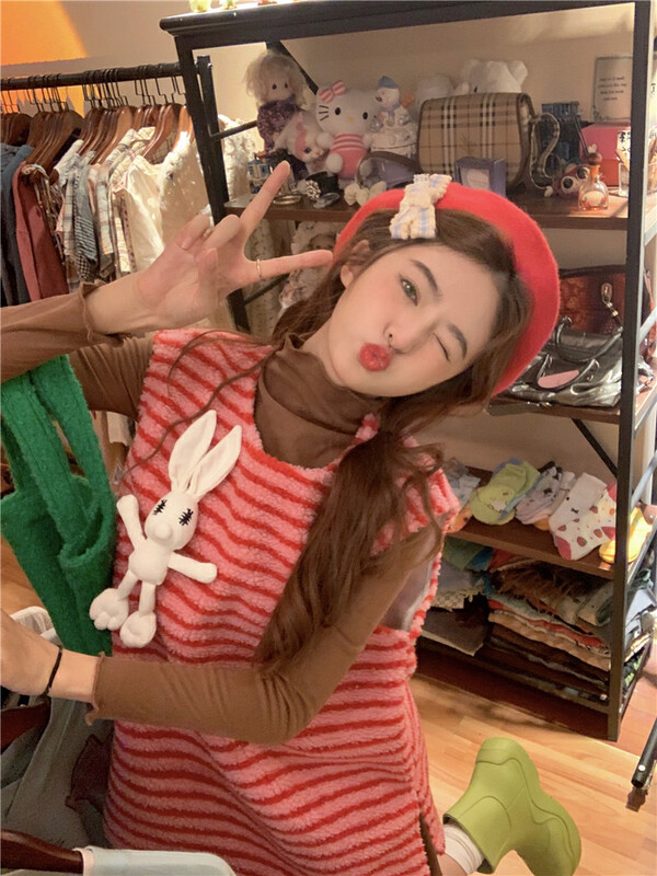 [Timely rain] Korean style ins sweet design contrast stripe vest (accessories can not be removed) R2177# WPL