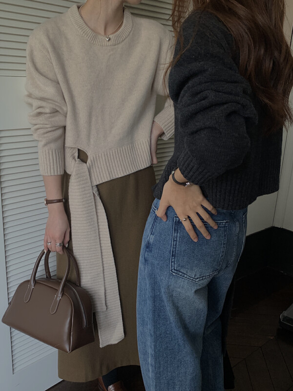 【ON LINE】Thick 100% Wool Hem Tie Design Crew Neck Sweater PA533