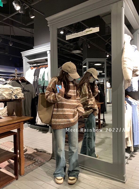 【MEET RAINBOW】Casual Loose Color Spot Striped Warm Sweater 0277# LSL