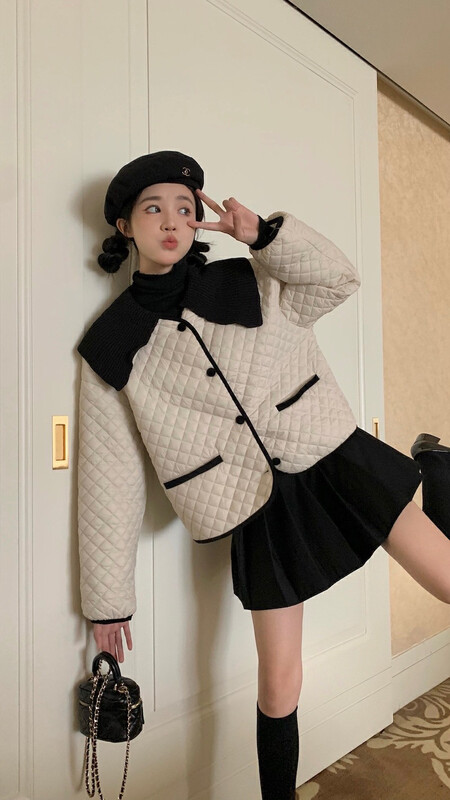 [Timely rain] Korean style ins retro color-blocking doll collar warm padded jacket 00229# WPL