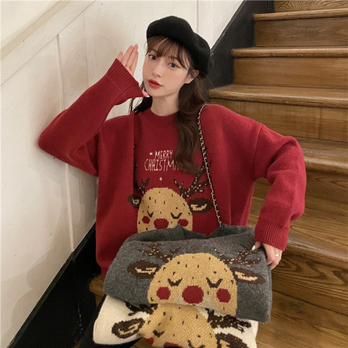 Christmas Red Elk Sweater Women's Autumn and Winter Outer Wear Loose Lazy Wind Korean Knit Sweater Top Trendy