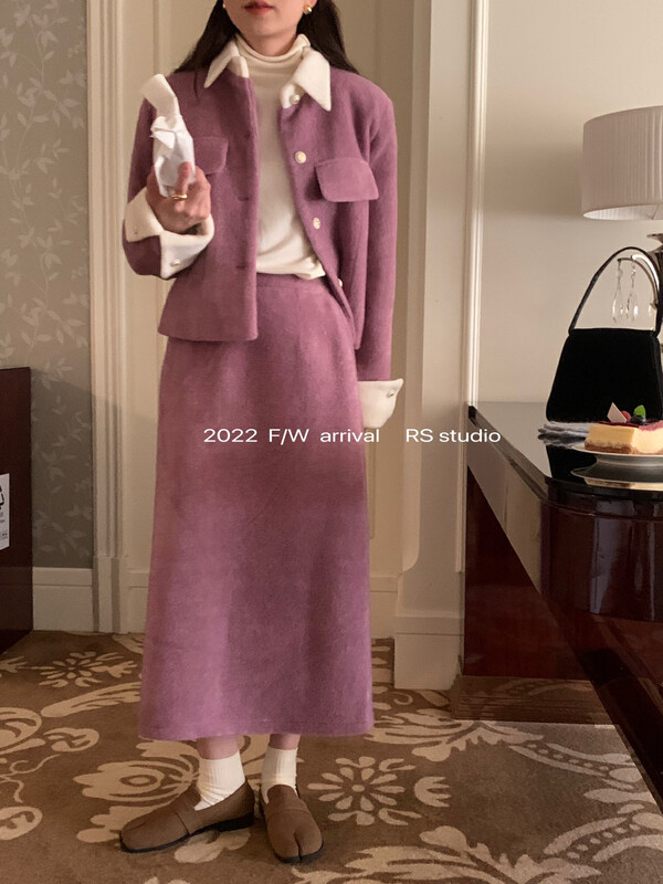 [RS] Contrast color lapel small fragrant down jacket + slimming texture skirt suit KL8121# FHX