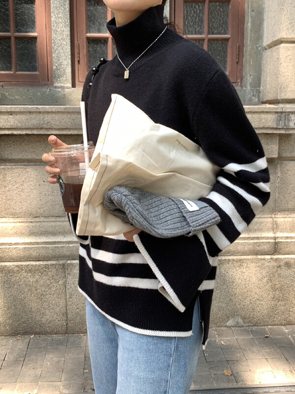 【ON LINE】100% wool classic striped contrast color half turtleneck pullover sweater with 100 wool PA583