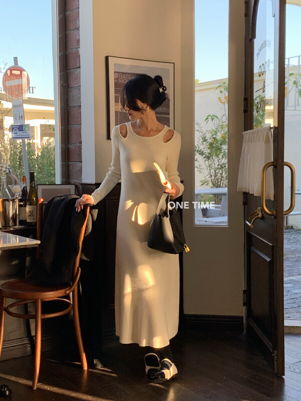 【ONE TIME】Korean Casual Hollow Knit Dress KX1079# JHY