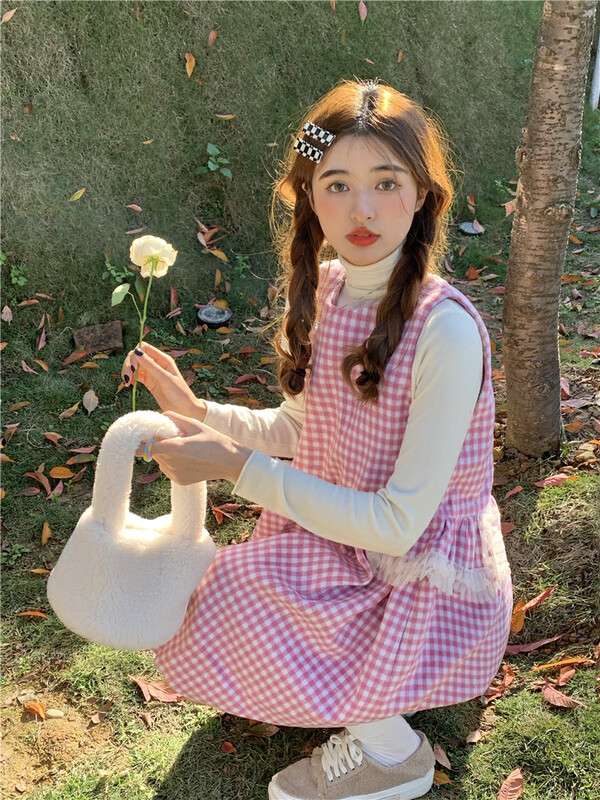 [Timely rain] Hanfeng ins sweet girl pink double-layer lace heavy industry woolen back dress (without inner wear) 27659# WPL