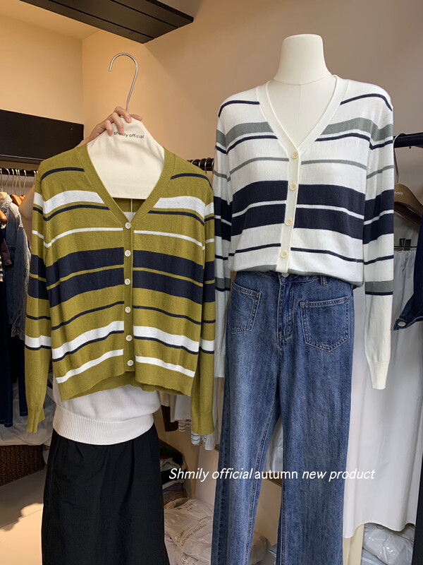 【LOVELY/SHMILY】Knit V-neck striped knitted sweater HM0056