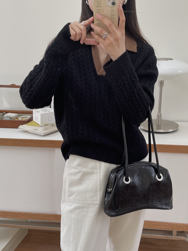 【ON LINE】Thick full wool contrast color polo collar cable pullover sweater with 100 wool PA538