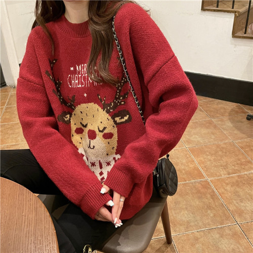 Christmas Red Elk Sweater Women's Autumn and Winter Outer Wear Loose Lazy Wind Korean Knit Sweater Top Trendy