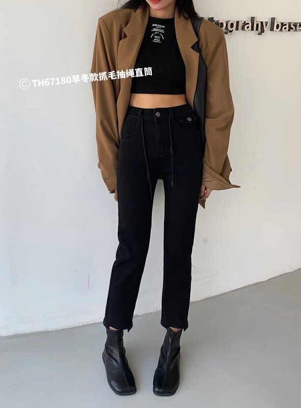 【T.H】Korean style fashionable drawstring cigarette pipe jeans (with waist rope) 67180# LSW