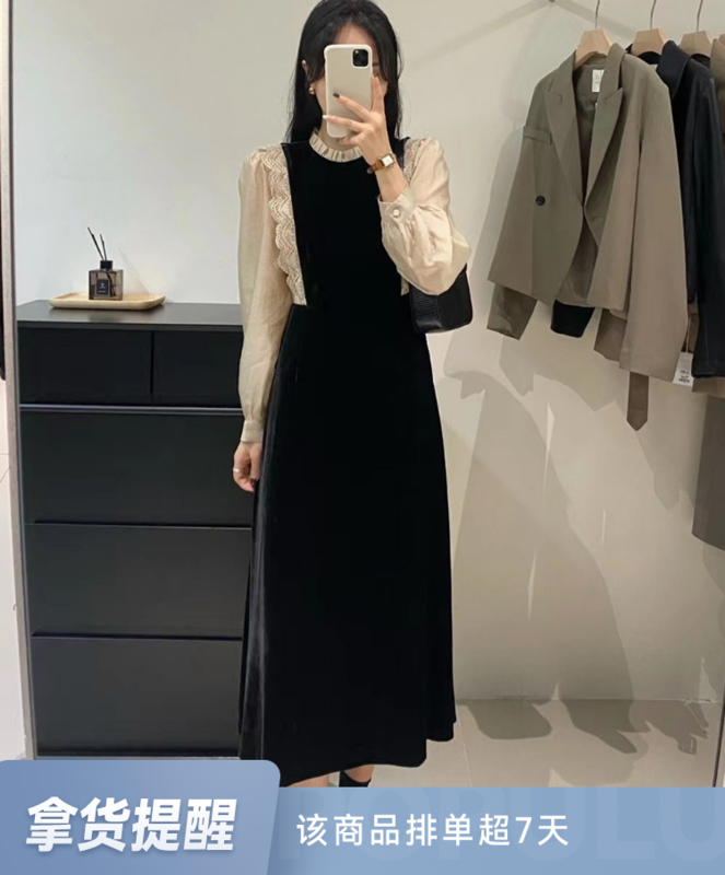 [U grain] Dongdaemun Korean gold velvet stitching dress 1220