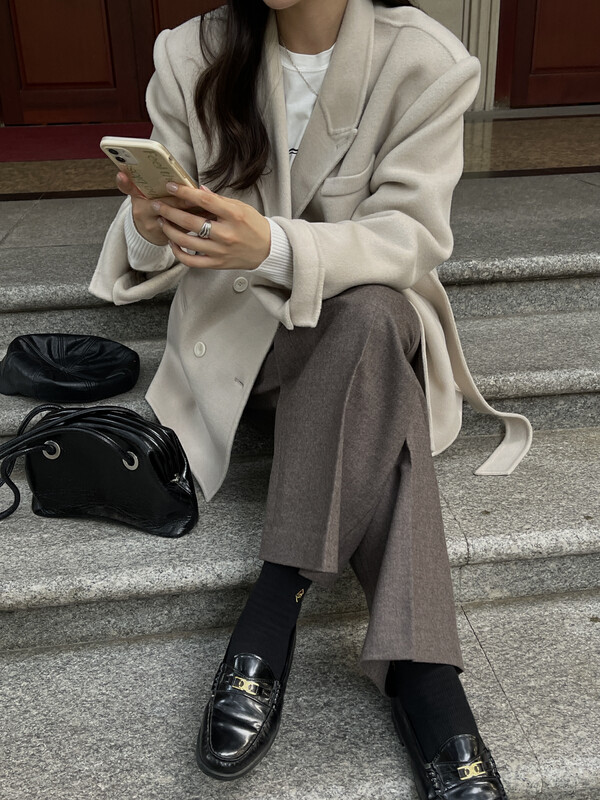 [ON LINE] Korean standard double-sided cashmere atmosphere simple strappy suit wool jacket containing 100 wool 6825
